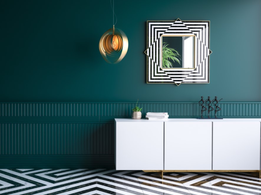 Chic_Art_Deco_Hallway_Dark_Green_Feature_Wall_Striped_Black_White_Floor_Artwork_Gold_light