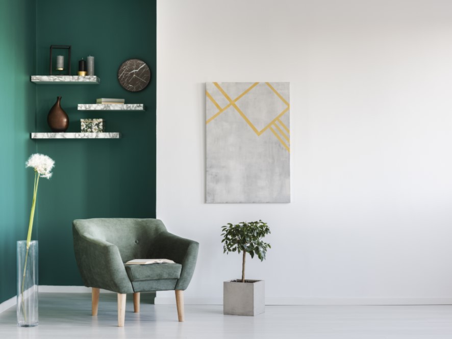 Green_White_Entry_with_chair_white_polished_floor_plant_flower_marble_shelves_marble_clock