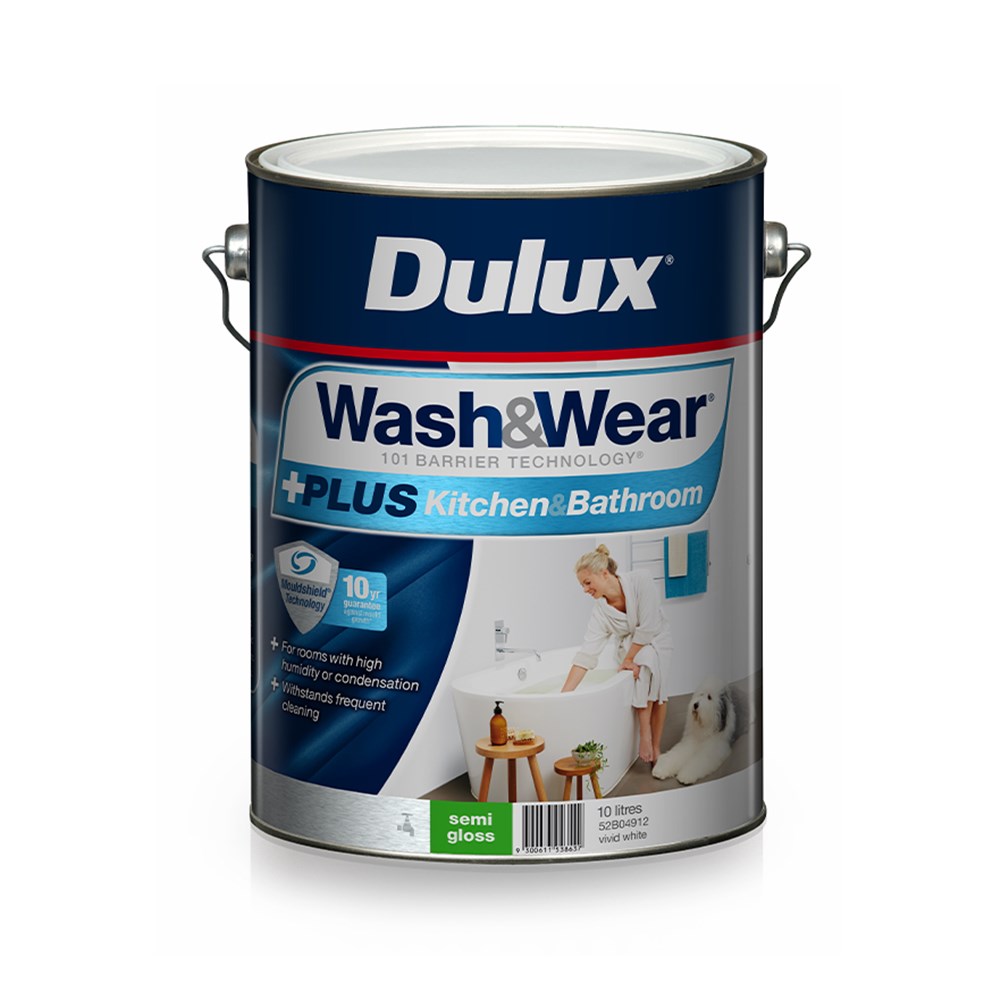 Dulux Wash&Wear +PLUS Kitchen&Bathroom Semi Gloss Vivid White 10L ...