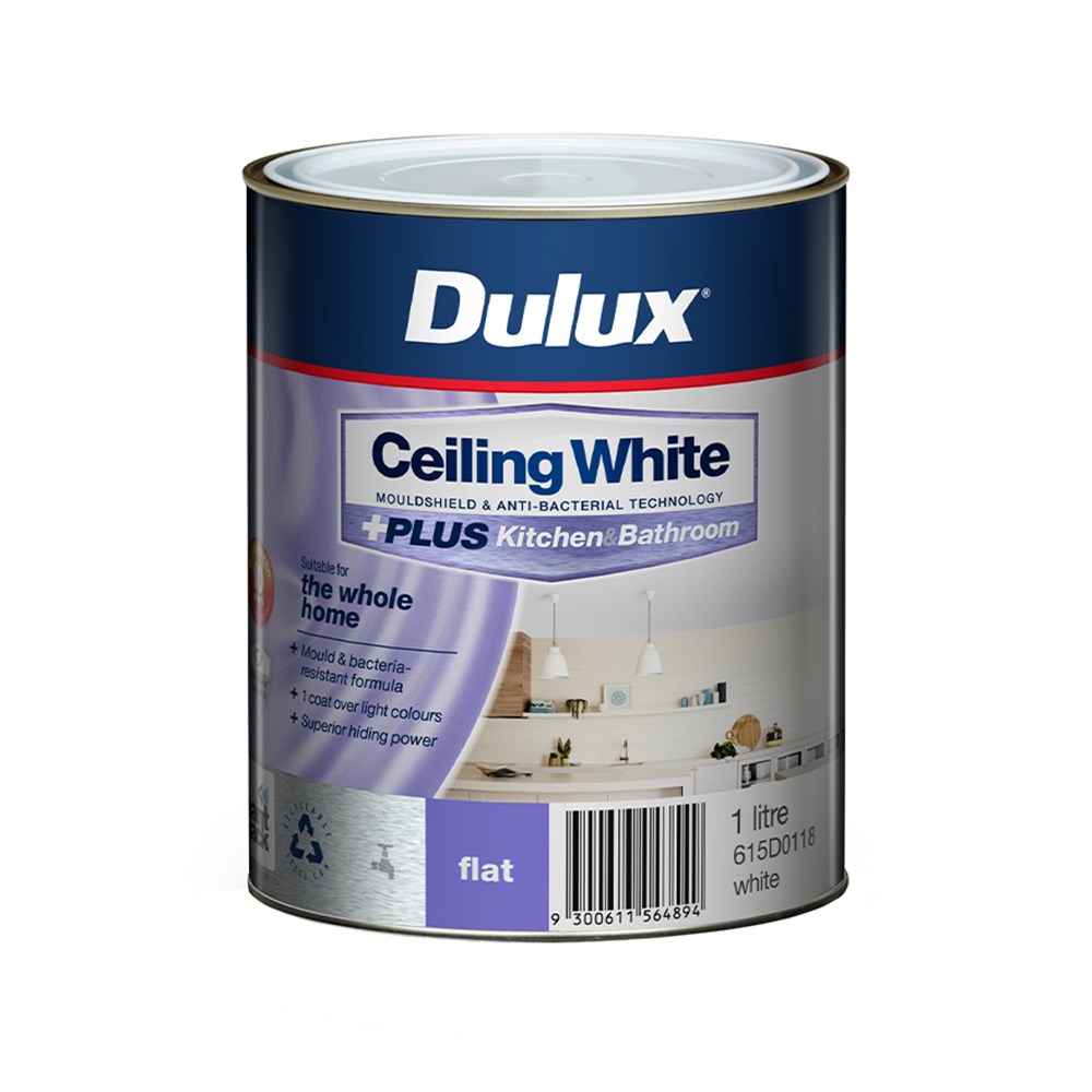 Dulux Ceiling White +PLUS Kitchen and Bathroom White 1L Inspirations Paint Store