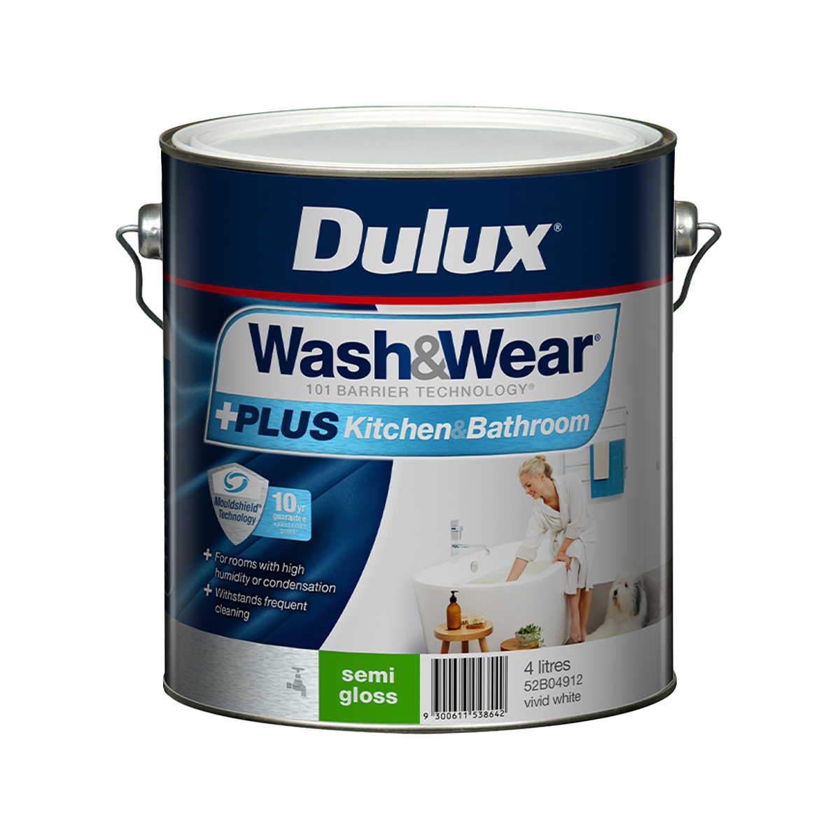 Dulux Wash&Wear +PLUS Kitchen&Bathroom Semi Gloss Vivid White 4L ...