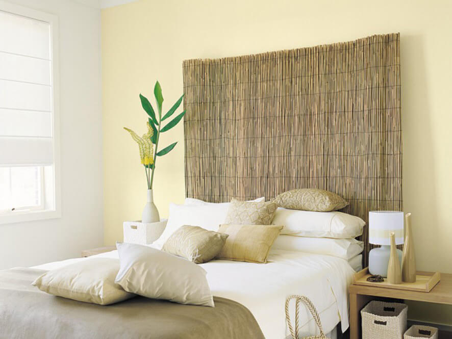 Light yellow feature wall with bamboo bedhead and plant on bedside table  with gold pillows - Inspirations Paint