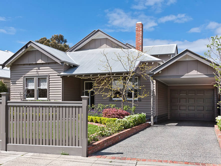 Neutral Weatherboard With Grey Window Trims And Front Garden And Concrete Driveway And Grey Garage Inspirations Paint