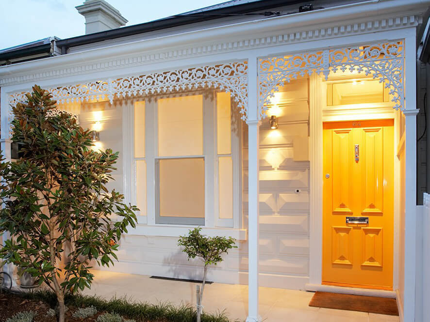 White Neutral Federation Front Exterior With Bold Yellow Door And Tiled Porch With Garden Inspirations Paint