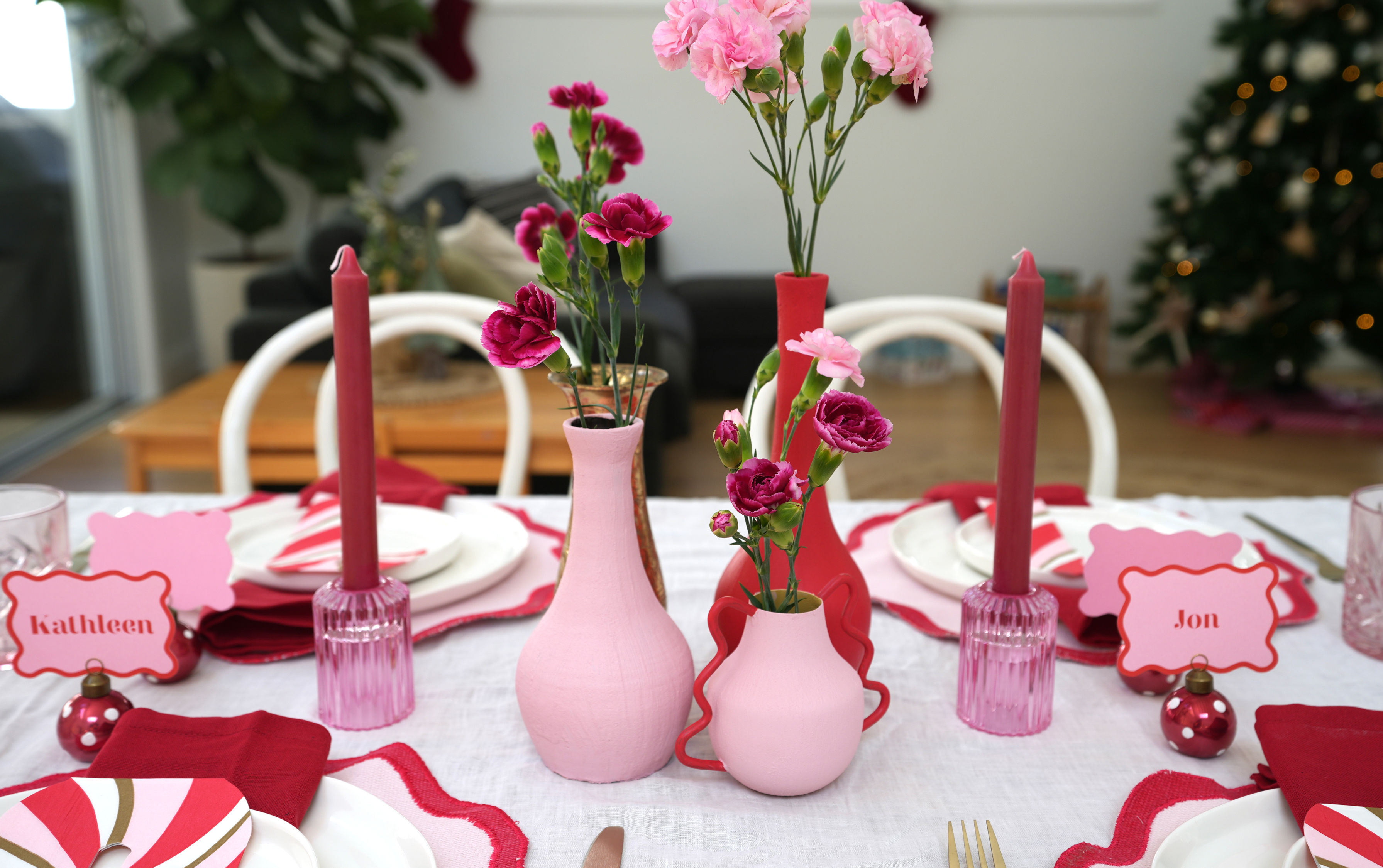 Painted vases on Christmas table
